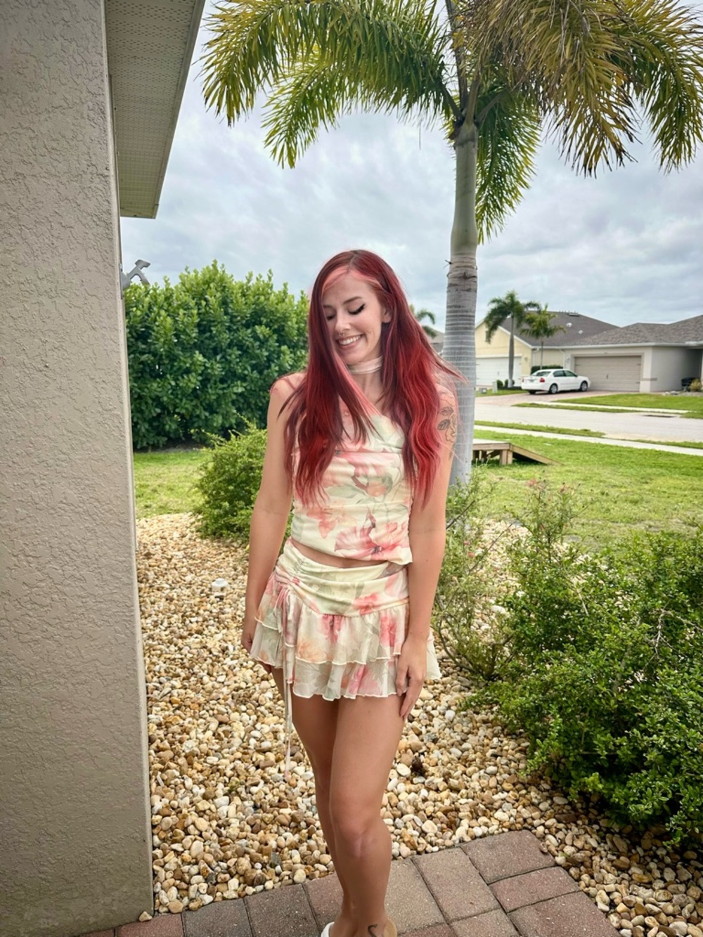 Pastel Floral Mini Skirt set - Cream & Pink